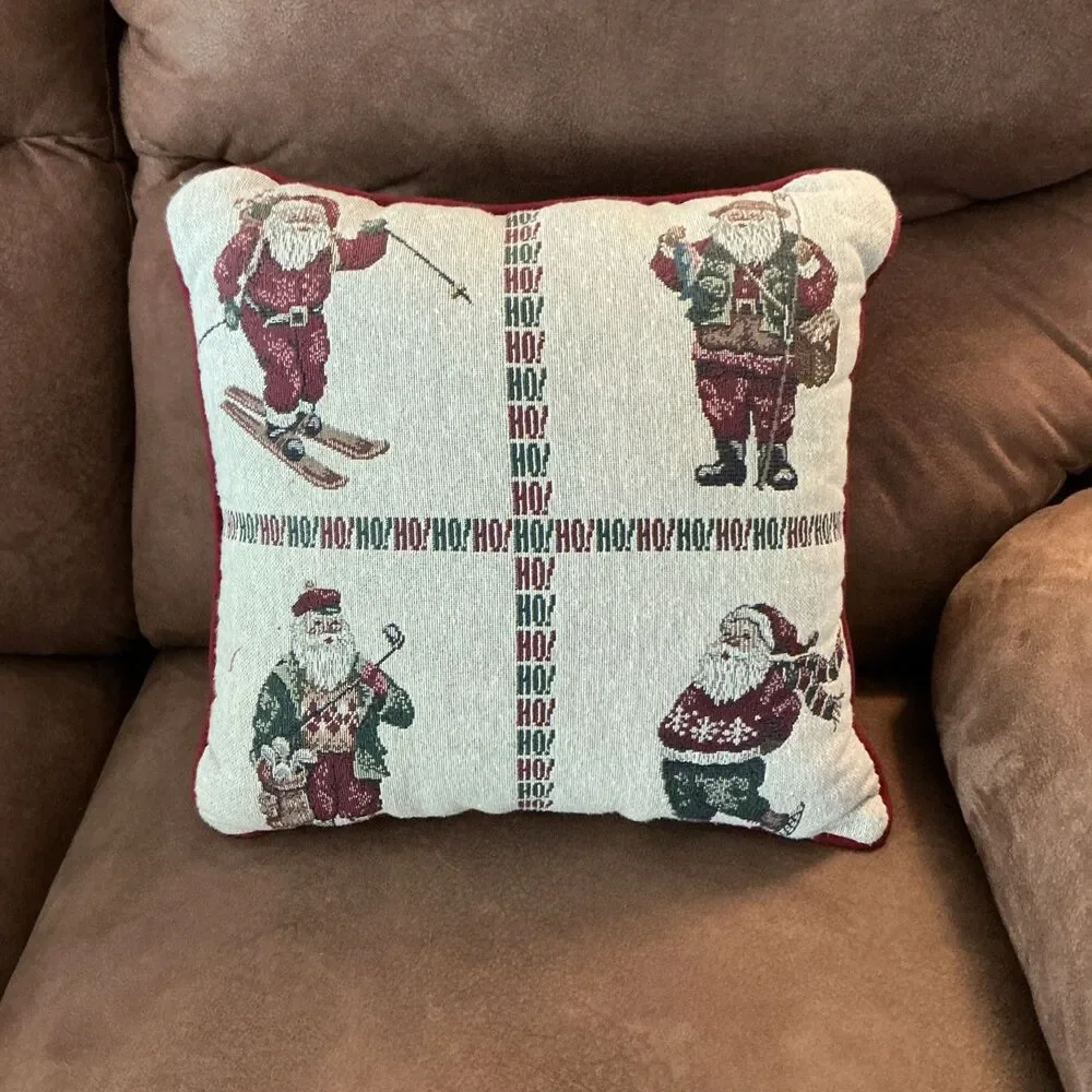 Riverdale Tapestry Throw Pillow Christmas Santa Skiing Fishing Golfing Skating